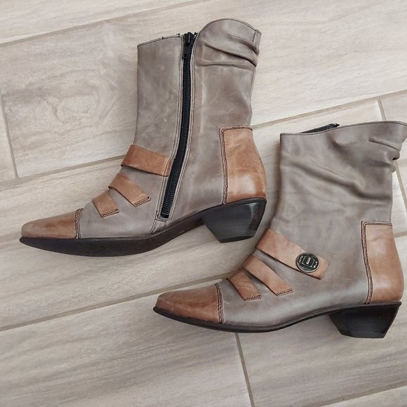 Fidji Taupe/Tan Distressed Leather Low Heel Boot. Size 36 - Picture 5 of 8